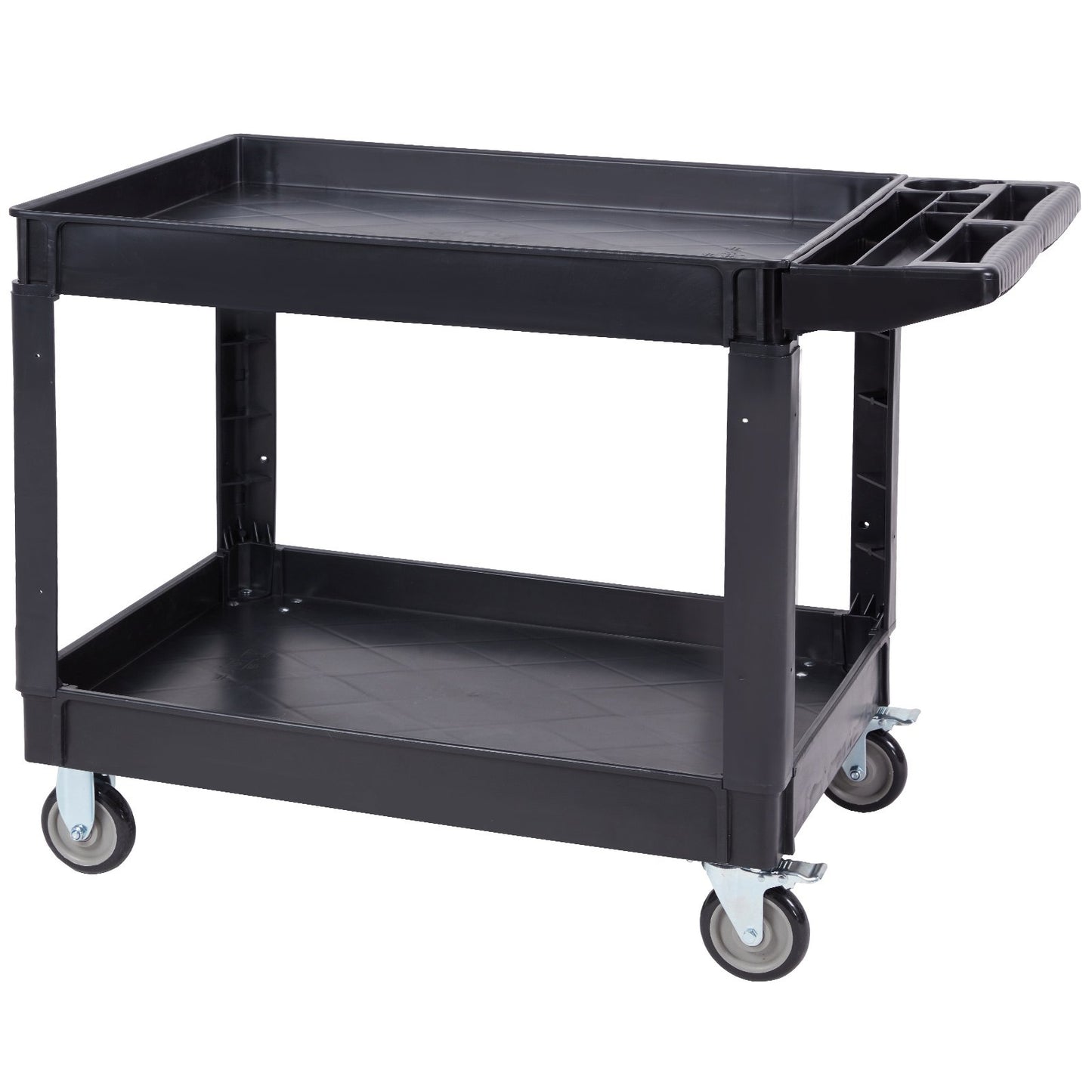 Utility Service Cart, 2 hyllor 550LBS Heavy Duty Plast Roll Utility Cart med 360° svängbara hjul (2 med bromsar), stor läppad hylla, ergonomiskt förvaringshandtag för lager/garage/rengöring