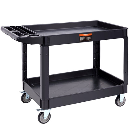 Utility Service Cart, 2 hyllor 550LBS Heavy Duty Plast Roll Utility Cart med 360° svängbara hjul (2 med bromsar), stor läppad hylla, ergonomiskt förvaringshandtag för lager/garage/rengöring