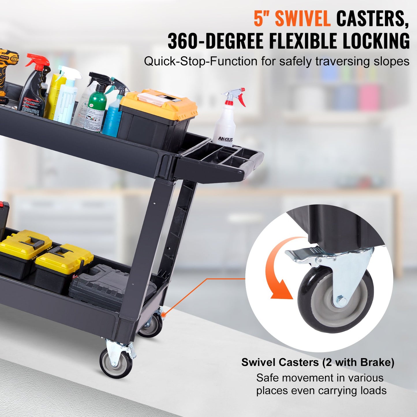 Utility Service Cart, 2 Shelf 550LBS Heavy Duty Plastic Rolling Utility Cart with 360° Swivel Wheels (2 with Brakes), Large Lipped Shelf, Ergonomic Storage Handle for Warehouse/Garage/Cleaning