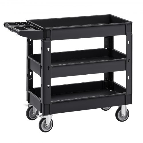 Utility Service Cart, 550 LBS Laod Capacity, 3 Shelf Heavy Duty Plastic Rolling Utility Cart with 360° Swivel Wheels (2 with Brakes), Ergonomic Storage Handle for Warehouse/Garage/Cleaning