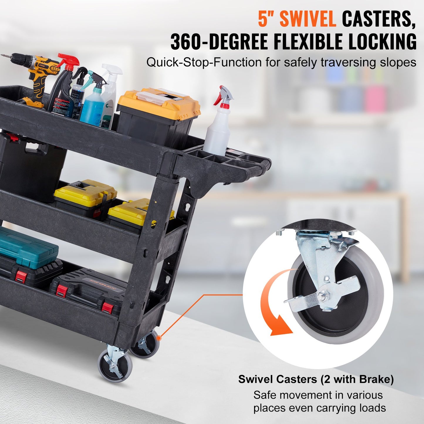 Servicewagen, 3 Ablagen, 240 kg, robuster Rollwagen aus Kunststoff mit 360°-Lenkrollen (2 mit Bremse), Ablage mit mittlerer Lippe, ergonomischem Aufbewahrungsgriff für Lager/Garage/Reinigung