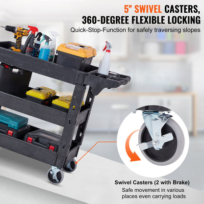 Servicewagen, 3 Ablagen, 240 kg, robuster Rollwagen aus Kunststoff mit 360°-Lenkrollen (2 mit Bremse), Ablage mit mittlerer Lippe, ergonomischem Aufbewahrungsgriff für Lager/Garage/Reinigung