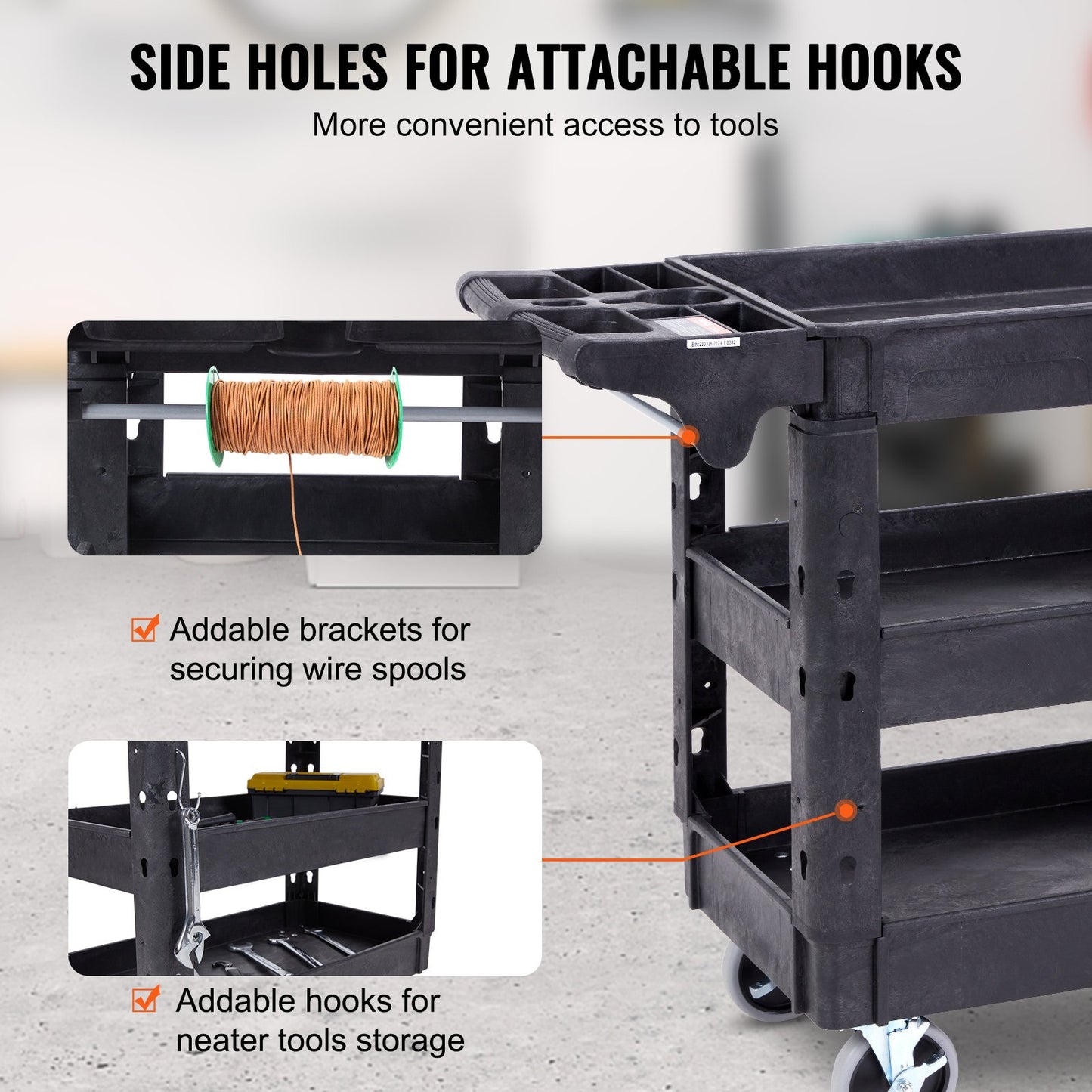 Servicewagen, 3 Ablagen, 240 kg, robuster Rollwagen aus Kunststoff mit 360°-Lenkrollen (2 mit Bremse), Ablage mit mittlerer Lippe, ergonomischem Aufbewahrungsgriff für Lager/Garage/Reinigung