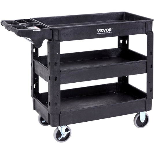 Utility Service Cart, 3 hyllor 550LBS Heavy Duty Plast Roll Utility Cart med 360° svängbara hjul (2 med bromsar), Medium Läpp Hylla, Ergonomiskt förvaringshandtag för lager/garage/rengöring