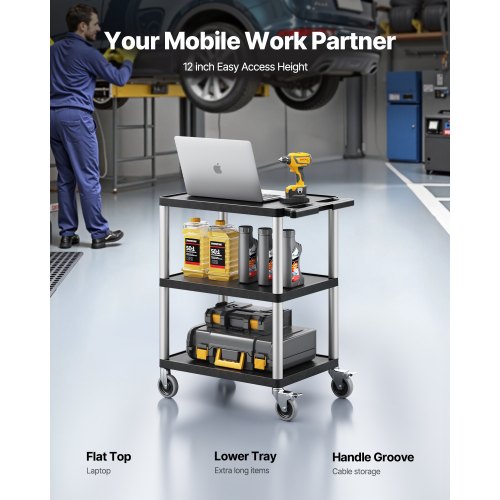 Servicevagn med 3 hyllor 136 kg 64 x 48 cm med hjul |  EU