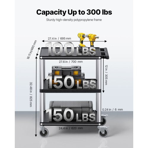 Servicevagn med 3 hyllor 136 kg 64 x 48 cm med hjul |  EU