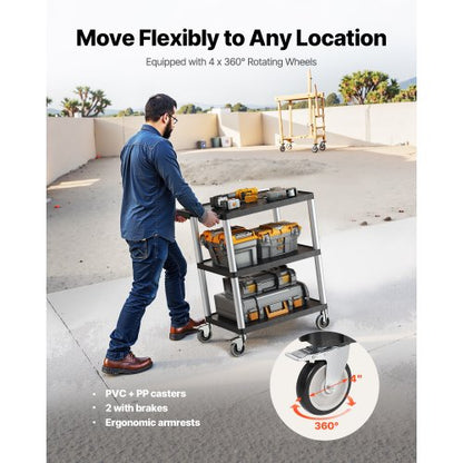 Servicevagn med 3 hyllor 136 kg 64 x 48 cm med hjul |  EU