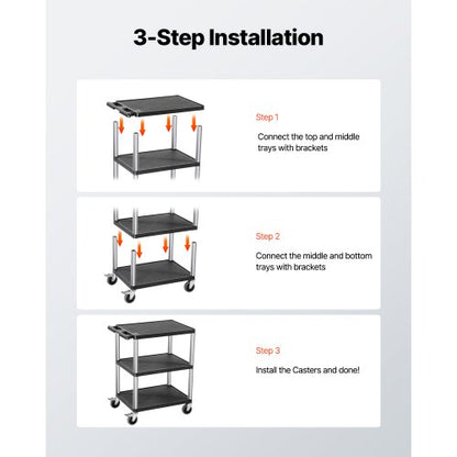 Servicevagn med 3 hyllor 136 kg 64 x 48 cm med hjul |  EU