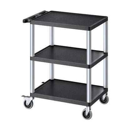 Utility Cart, 300 lbs Load Capacity, 27.6 x 18.1-inch Service Cart, Three-Shelf Heavy Duty Plastic Utility Cart with 360° Swivel Wheels (2 with Brakes), Suitable for Warehouse, Garage, Cleaning