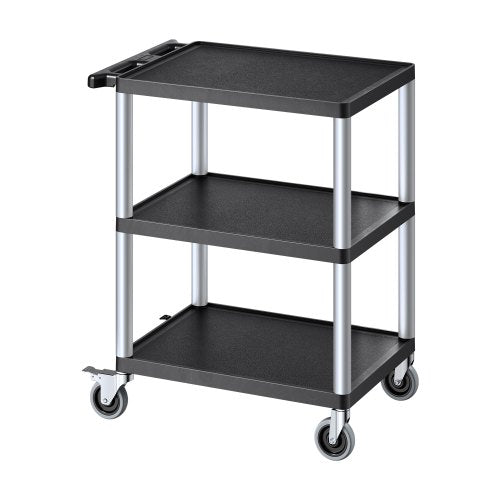 Utility Cart, 300 lbs Load Capacity, 27.6 x 18.1-inch Service Cart, Three-Shelf Heavy Duty Plastic Utility Cart with 360° Swivel Wheels (2 with Brakes), Suitable for Warehouse, Garage, Cleaning