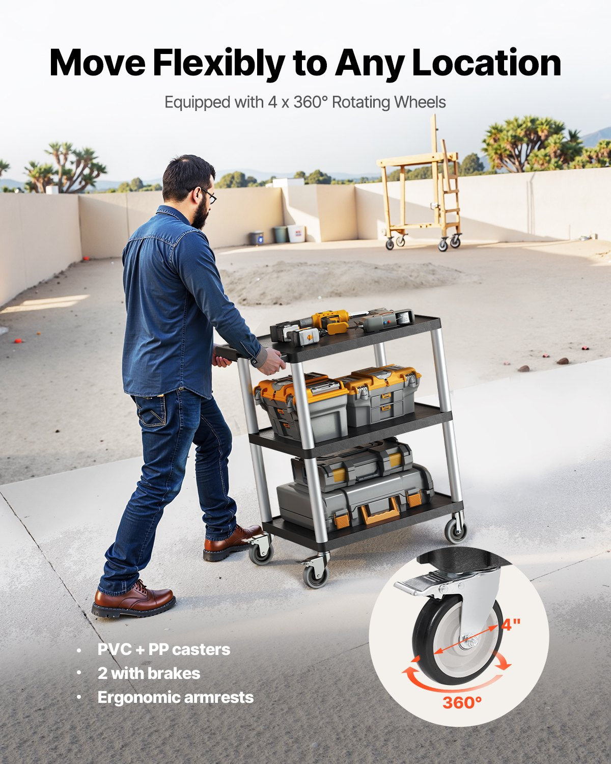 Utility Cart, 300 lbs Load Capacity, 27.6 x 18.1-inch Service Cart, Three-Shelf Heavy Duty Plastic Utility Cart with 360° Swivel Wheels (2 with Brakes), Suitable for Warehouse, Garage, Cleaning