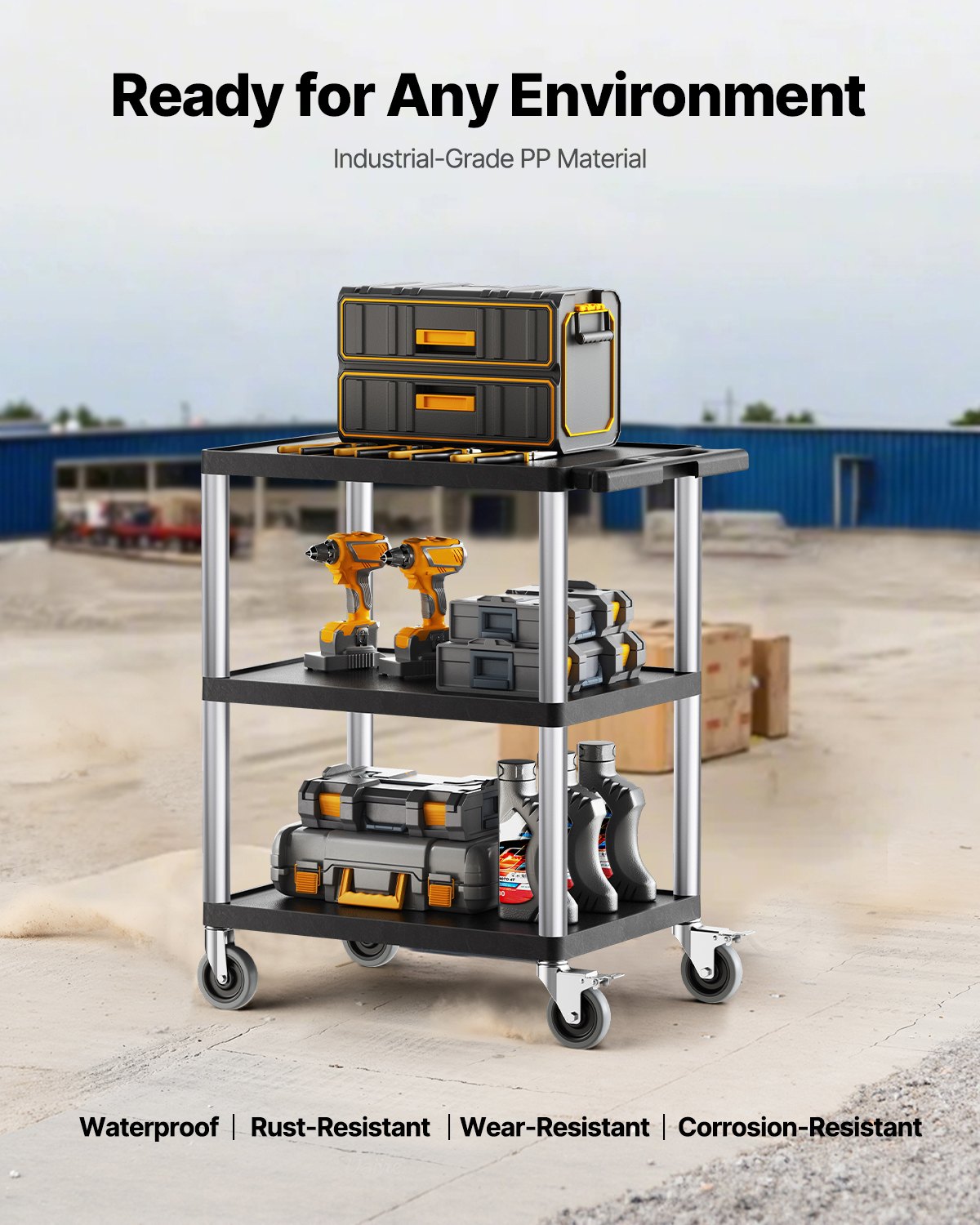 Utility Cart, 300 lbs Load Capacity, 27.6 x 18.1-inch Service Cart, Three-Shelf Heavy Duty Plastic Utility Cart with 360° Swivel Wheels (2 with Brakes), Suitable for Warehouse, Garage, Cleaning