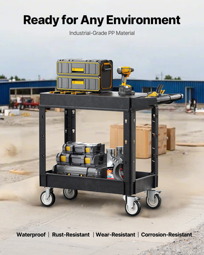 Utility Cart, 550 lbs Load Capacity, 31.3 x 17.7-inch Service Cart, Two-Shelf Heavy Duty Plastic Utility Cart with 360° Swivel Wheels (2 with Brakes), Suitable for Warehouse, Garage, Cleaning