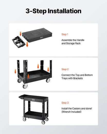Utility Cart, 550 lbs Load Capacity, 31.3 x 17.7-inch Service Cart, Two-Shelf Heavy Duty Plastic Utility Cart with 360° Swivel Wheels (2 with Brakes), Suitable for Warehouse, Garage, Cleaning