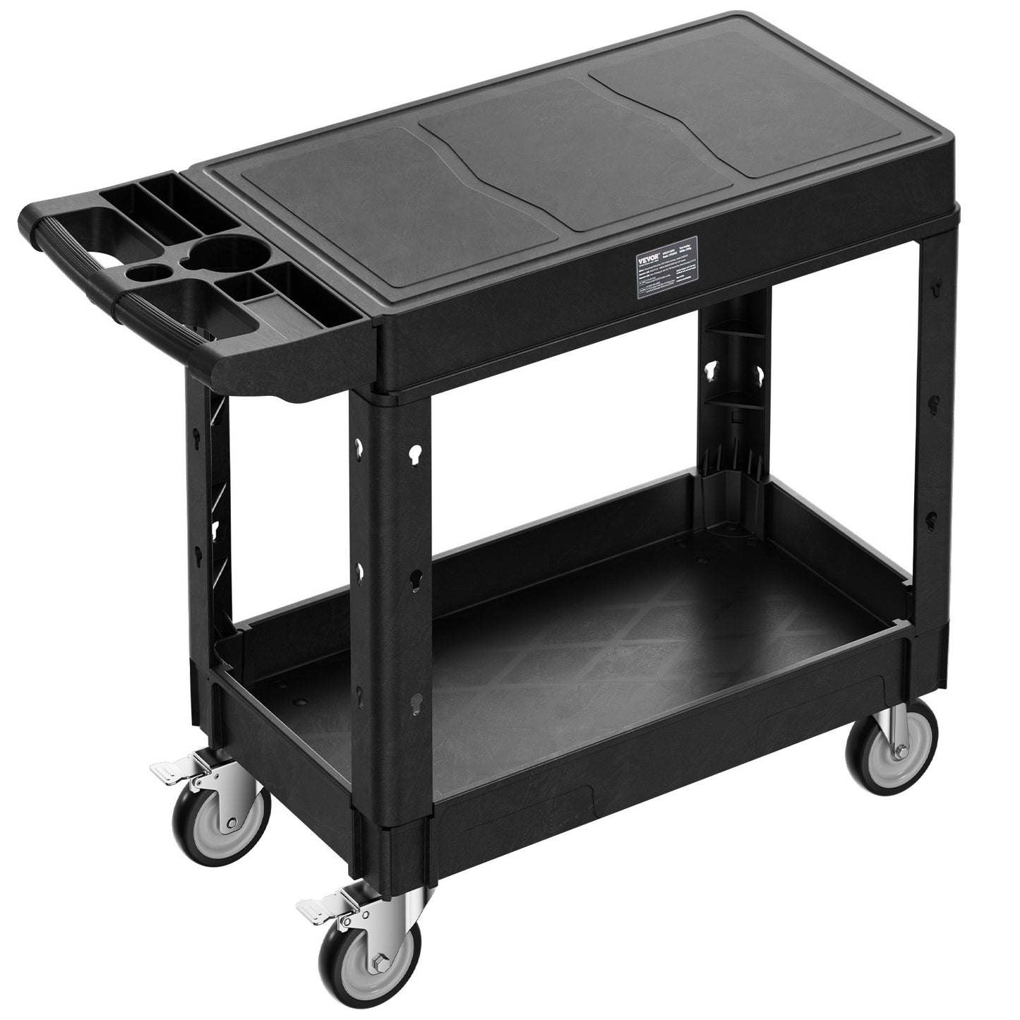 Utility Cart, 550 lbs Load Capacity, 31.3 x 17.7-inch Service Cart, Two-Shelf Heavy Duty Plastic Utility Cart with 360° Swivel Wheels (2 with Brakes), Suitable for Warehouse, Garage, Cleaning