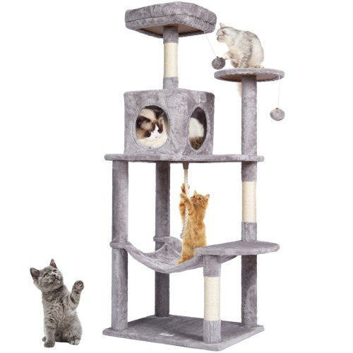 Cat Tree for Indoor Cats, 56.2" Cat Tower with Cat Condo, Sisal Scratching Post, Hammock, Top Perch, Jumping Platforms, Large Cat House with Hang Ball, Cat Furniture Activity Center, Light Grey