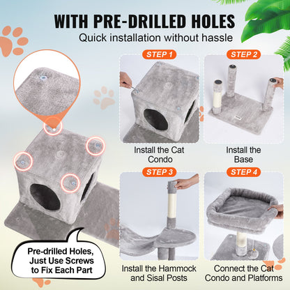 Cat Tree for Indoor Cats, 56.2" Cat Tower with Cat Condo, Sisal Scratching Post, Hammock, Top Perch, Jumping Platforms, Large Cat House with Hang Ball, Cat Furniture Activity Center, Light Grey