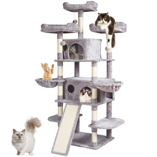 Cat Tree for Indoor Cats, 68.5" Cat Tower with 2 Cat Condos, Sisal Scratching Post, Hammocks, Top Perches, Jumping Platforms and Ramp, Cat Furniture Activity Center with Hang Balls, Light Grey
