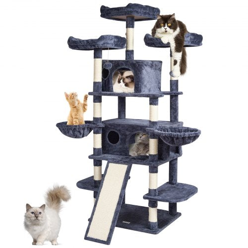 Cat Tree for Indoor Cats, 68.5" Cat Tower with 2 Cat Condos, Sisal Scratching Post, Hammocks, Top Perches, Jumping Platforms and Ramp, Cat Furniture Activity Center with Hang Balls, Dark Grey
