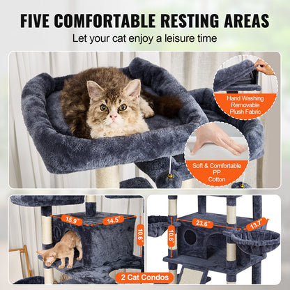 Cat Tree for Indoor Cats, 68.5" Cat Tower with 2 Cat Condos, Sisal Scratching Post, Hammocks, Top Perches, Jumping Platforms and Ramp, Cat Furniture Activity Center with Hang Balls, Dark Grey