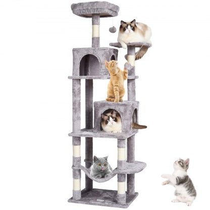 Cat Tree for Indoor Cats, 63" Cat Tower with 2 Cat Condos, Sisal Scratching Post, Hammock, Top Perch, Jumping Platforms, Large Cat Furniture Activity Center with Hang Ball, Light Grey