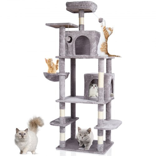 Cat Tree for Indoor Cats, 68.5" Cat Tower with 2 Cat Condos, Sisal Scratching Post, Hammock, Top Perch, Jumping Platforms, Large Cat Furniture Activity Center with Hang Ball, Light Grey