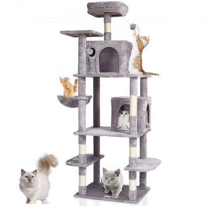Cat Tree for Indoor Cats, 68.5" Cat Tower with 2 Cat Condos, Sisal Scratching Post, Hammock, Top Perch, Jumping Platforms, Large Cat Furniture Activity Center with Hang Ball, Light Grey