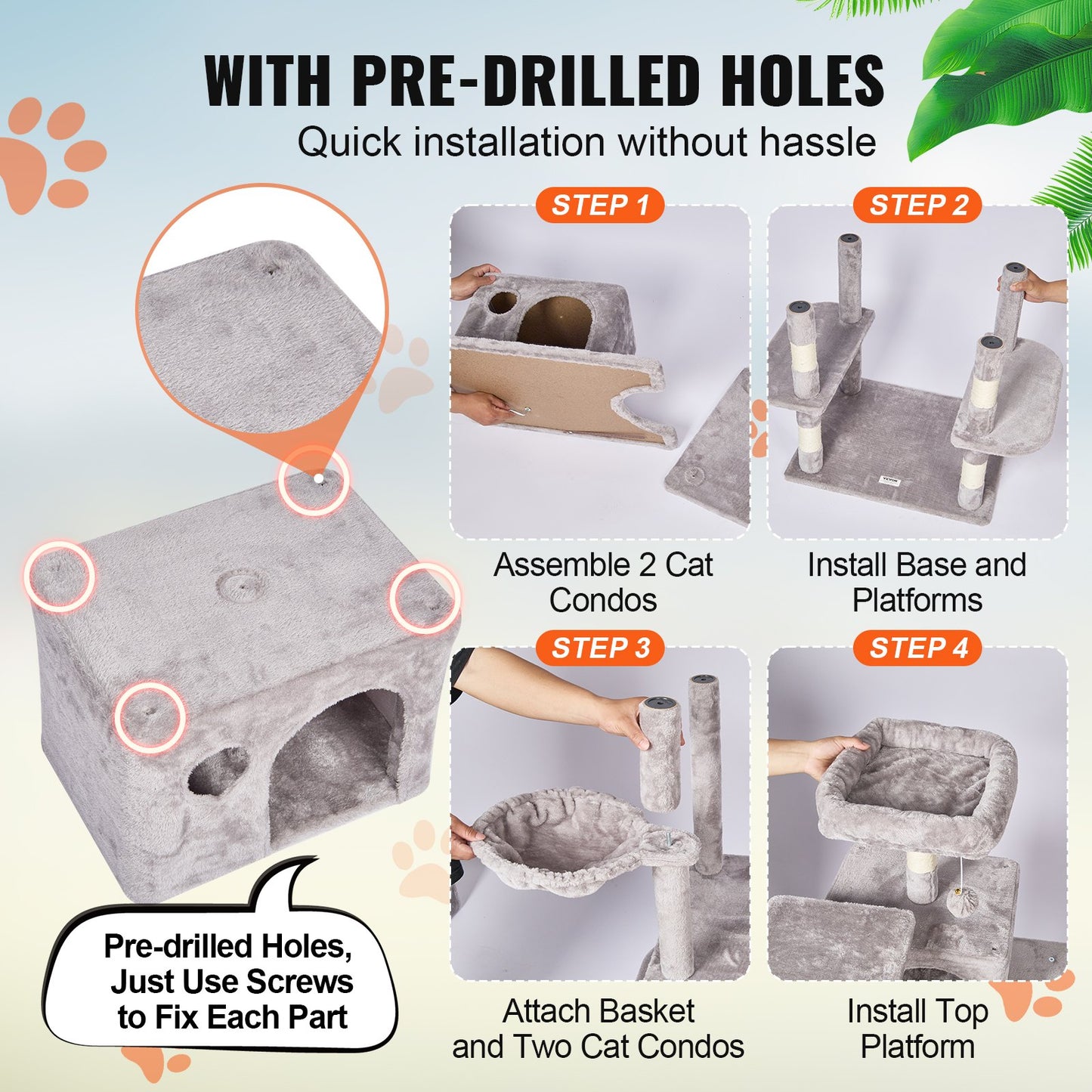 Cat Tree 68,5" Cat Tower med Cat Condos Sisal skrapstolpe ljusgrå