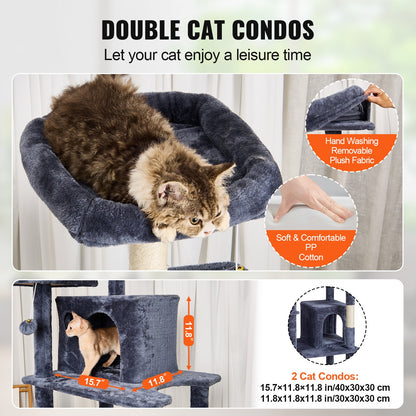 Cat Tree for Indoor Cats, 68.5" Cat Tower with 2 Cat Condos, Sisal Scratching Post, Hammock, Top Perch, Jumping Platforms, Large Cat Furniture Activity Center with Hang Ball, Dark Grey