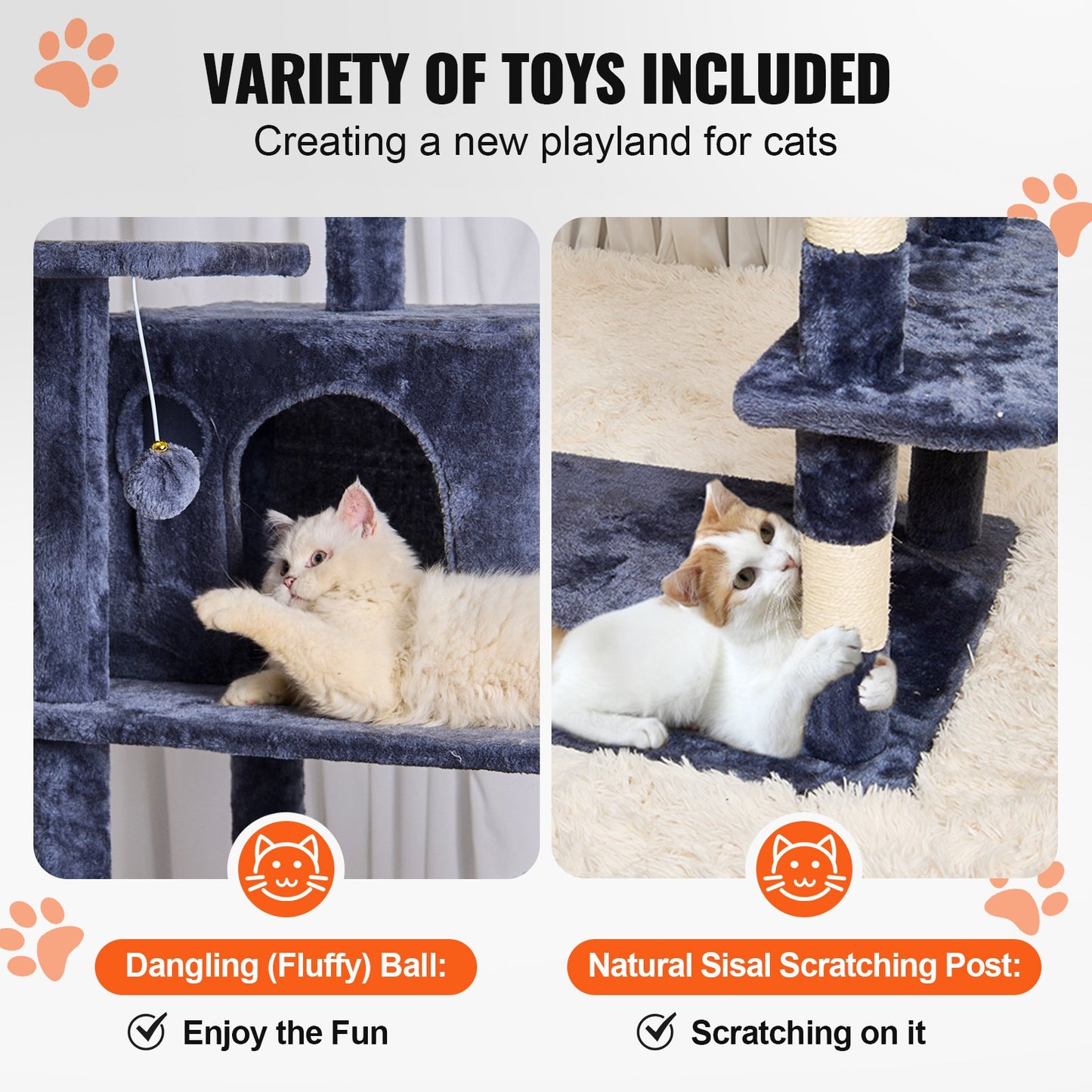 Cat Tree for Indoor Cats, 68.5" Cat Tower with 2 Cat Condos, Sisal Scratching Post, Hammock, Top Perch, Jumping Platforms, Large Cat Furniture Activity Center with Hang Ball, Dark Grey