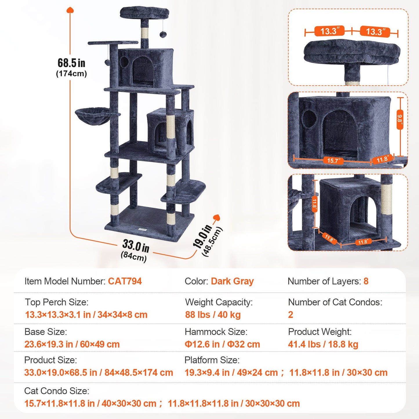 Cat Tree for Indoor Cats, 68.5" Cat Tower with 2 Cat Condos, Sisal Scratching Post, Hammock, Top Perch, Jumping Platforms, Large Cat Furniture Activity Center with Hang Ball, Dark Grey
