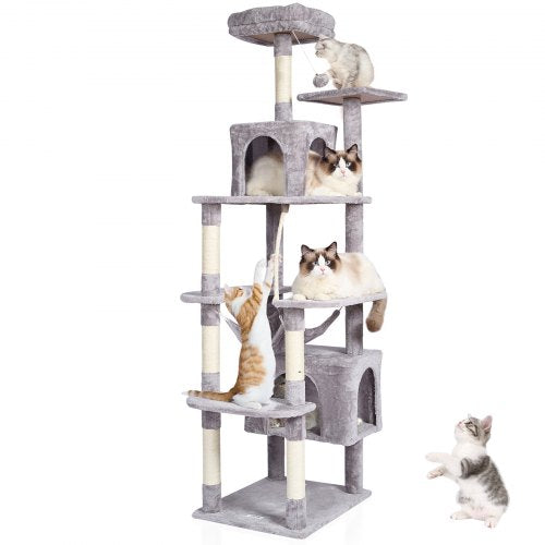 Cat Tree for Indoor Cats, 72" Cat Tower with 2 Cat Condos, Sisal Scratching Post, Hammock, Top Perch, Jumping Platforms, Large Cat Furniture Activity Center with Hang Ball, Light Grey