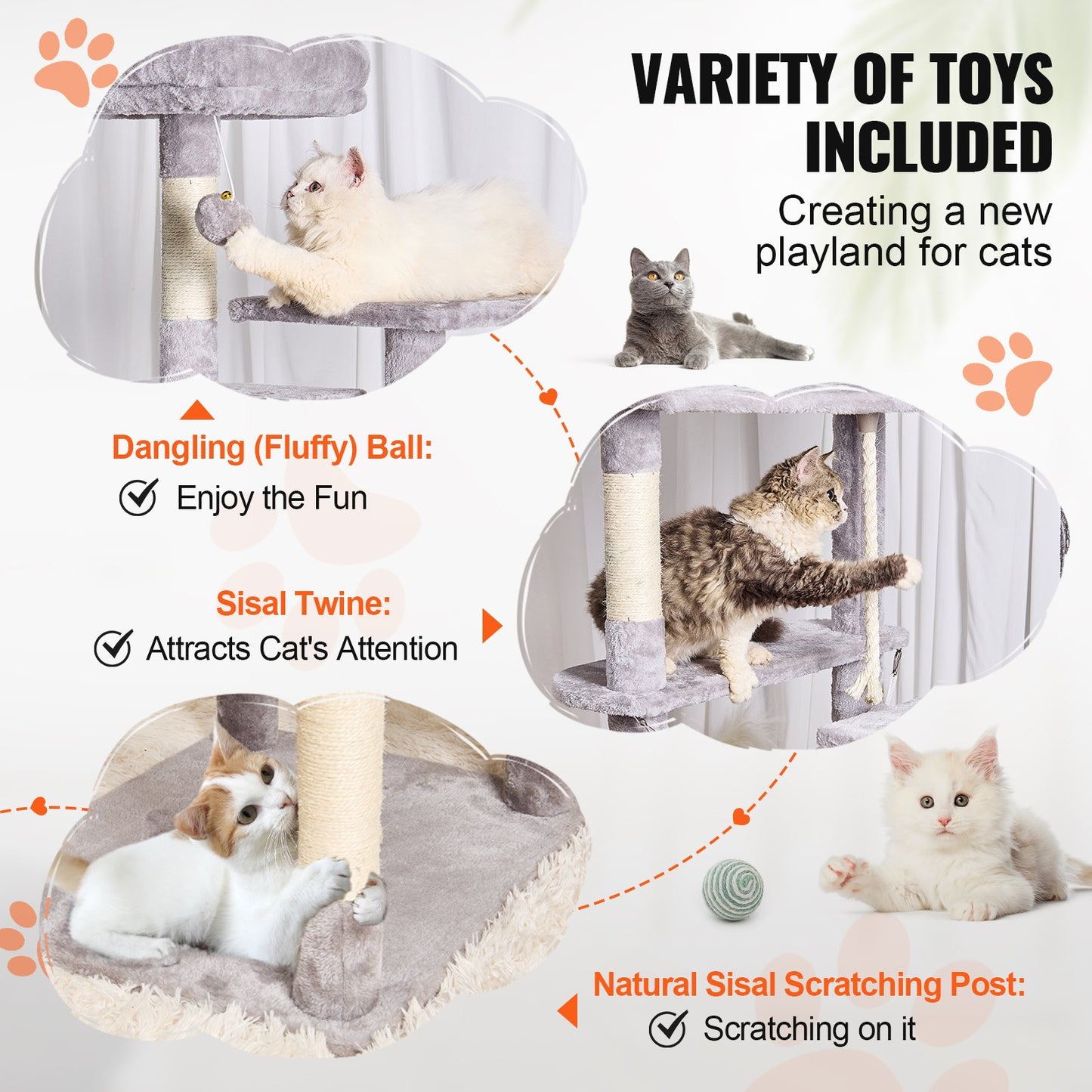 Cat Tree for Indoor Cats, 72" Cat Tower with 2 Cat Condos, Sisal Scratching Post, Hammock, Top Perch, Jumping Platforms, Large Cat Furniture Activity Center with Hang Ball, Light Grey