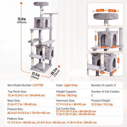 Cat Tree for Indoor Cats, 72" Cat Tower with 2 Cat Condos, Sisal Scratching Post, Hammock, Top Perch, Jumping Platforms, Large Cat Furniture Activity Center with Hang Ball, Light Grey