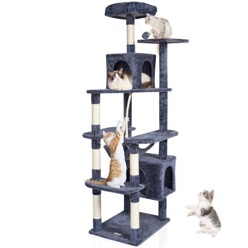 Cat Tree for Indoor Cats, 72" Cat Tower with 2 Cat Condos, Sisal Scratching Post, Hammock, Top Perch, Jumping Platforms, Large Cat Furniture Activity Center with Hang Ball, Dark Grey