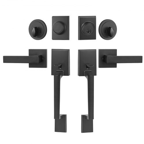 Double Door Handle Set, Matte Black Square Door Lever, Double Front Door Handle Set with Reversible Handle Lever, Heavy Duty Double Door Lock Set with Dummy, for Office Door or Front Door