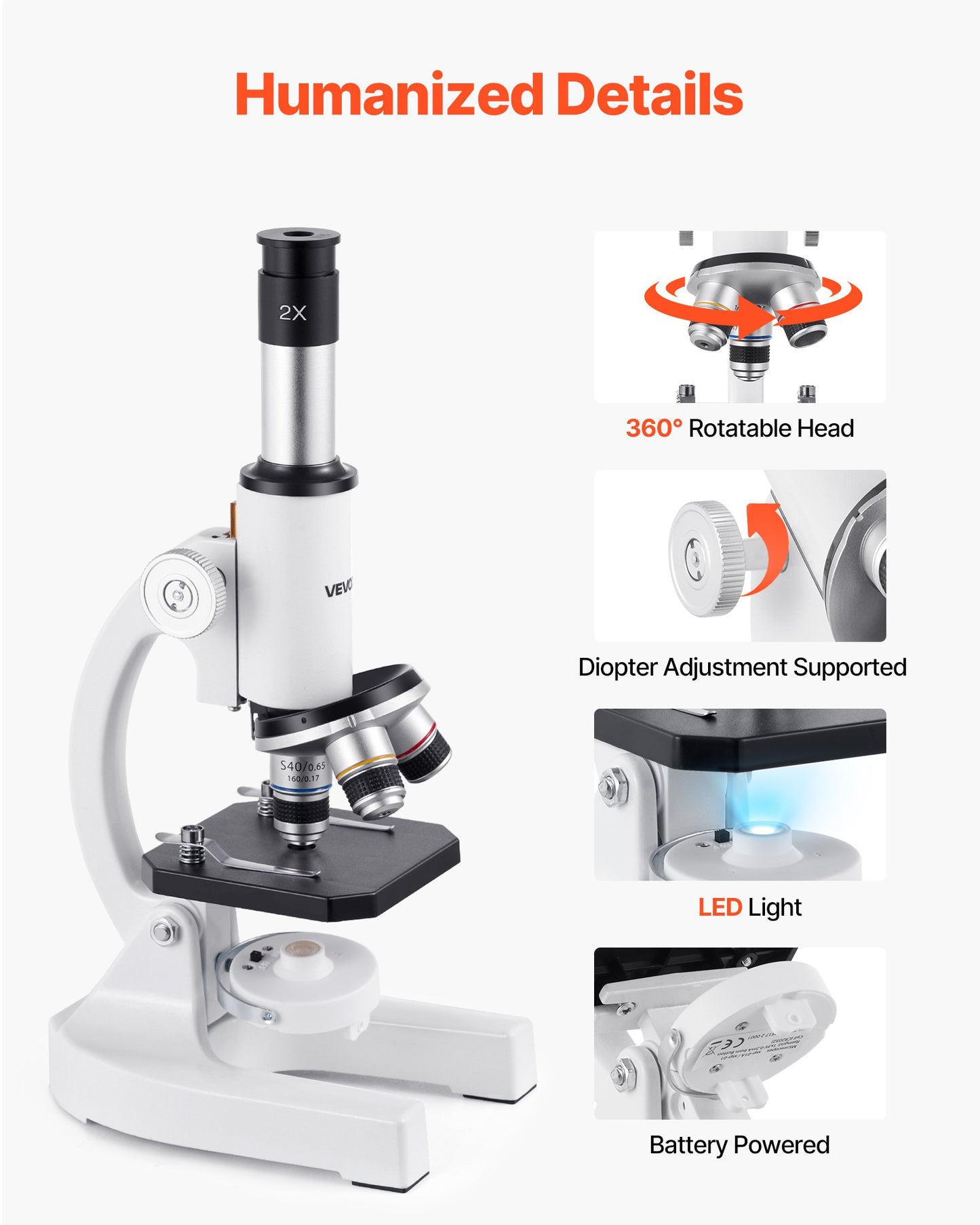 Microscope for Kids Adults, 40X-2000X Professional Compound Microscope Mobile Phone Adapter with LED Light, for Laboratory, School, Home, Education