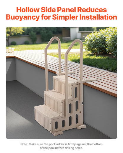 3-stegs taupe poolstege med 2 ledstänger stödjer 400 lb för 36-48 i pooler