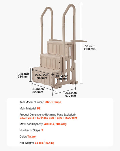 3-stegs taupe poolstege med 2 ledstänger stödjer 400 lb för 36-48 i pooler