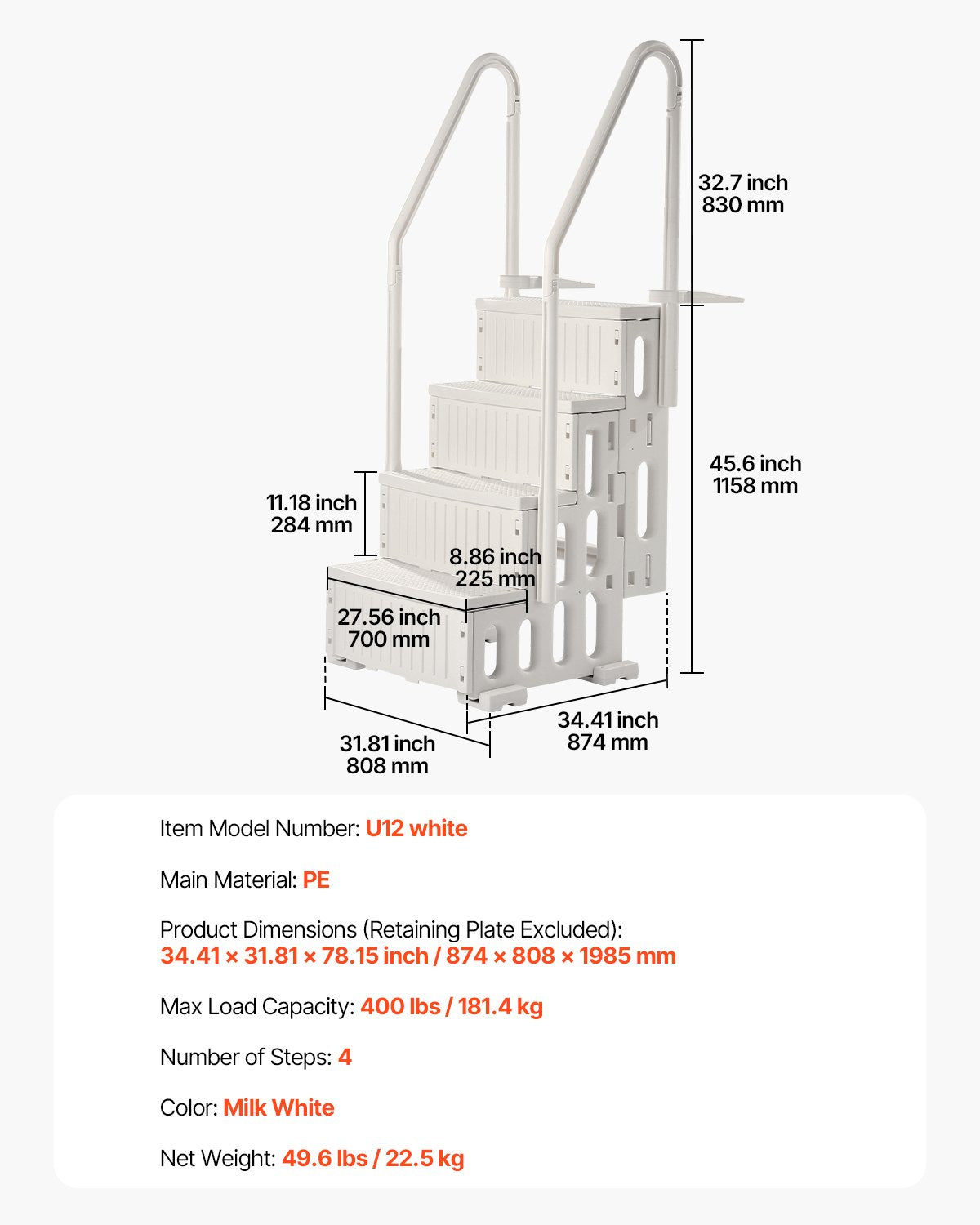 4-stufige weiße Poolleiter mit 2 Handläufen, trägt 181 kg für 122–137 cm große Pools