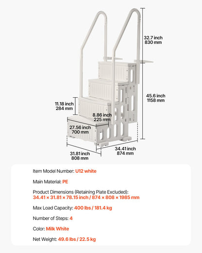 4-stufige weiße Poolleiter mit 2 Handläufen, trägt 181 kg für 122–137 cm große Pools