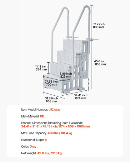 4-step gray pool ladder with 2 handrails supports 400 lb for 48-54 in the pool