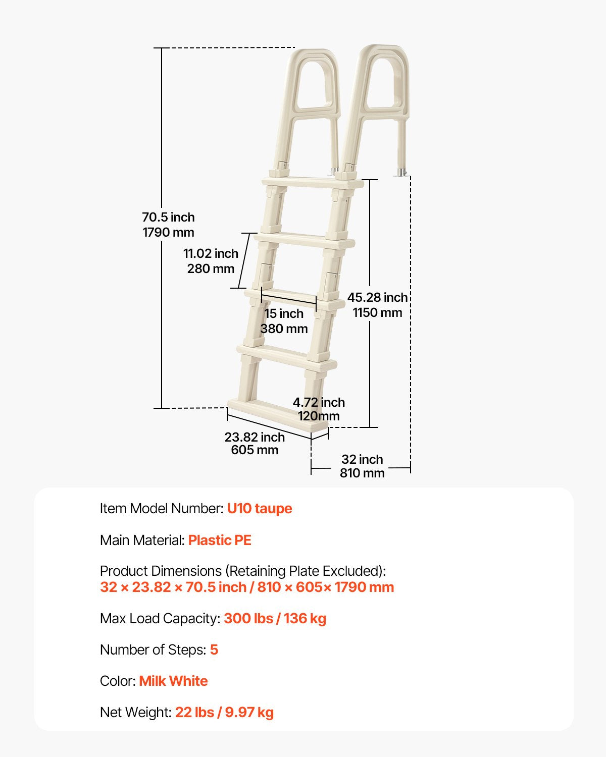 5-stegs lutande poolstege med 2 ledstänger belastar 300 lb för 48-54 i poolen