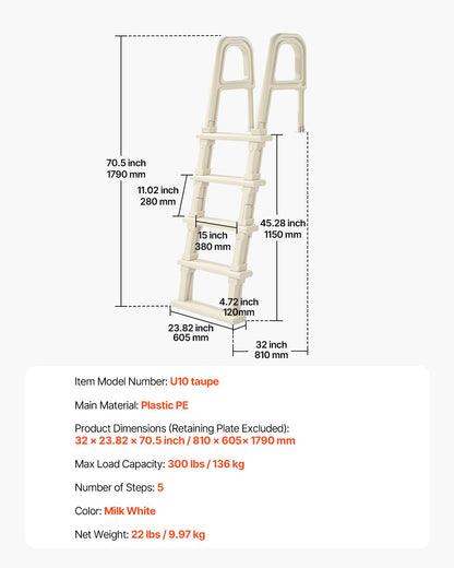 5-stegs lutande poolstege med 2 ledstänger belastar 300 lb för 48-54 i poolen