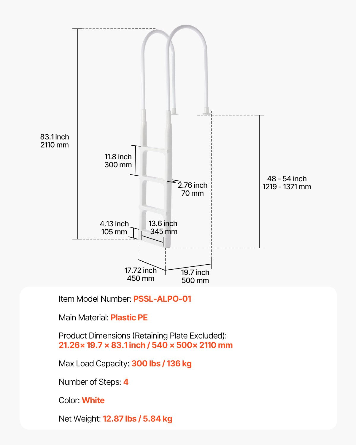 Förtjockad 4-stegs poolstege 2 ledstänger belastar 300 lb för 48-54 i poolen
