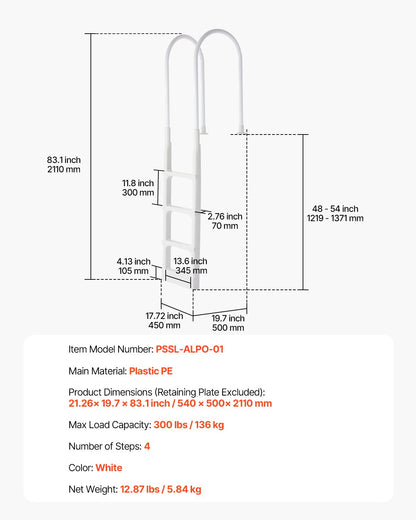 Förtjockad 4-stegs poolstege 2 ledstänger belastar 300 lb för 48-54 i poolen