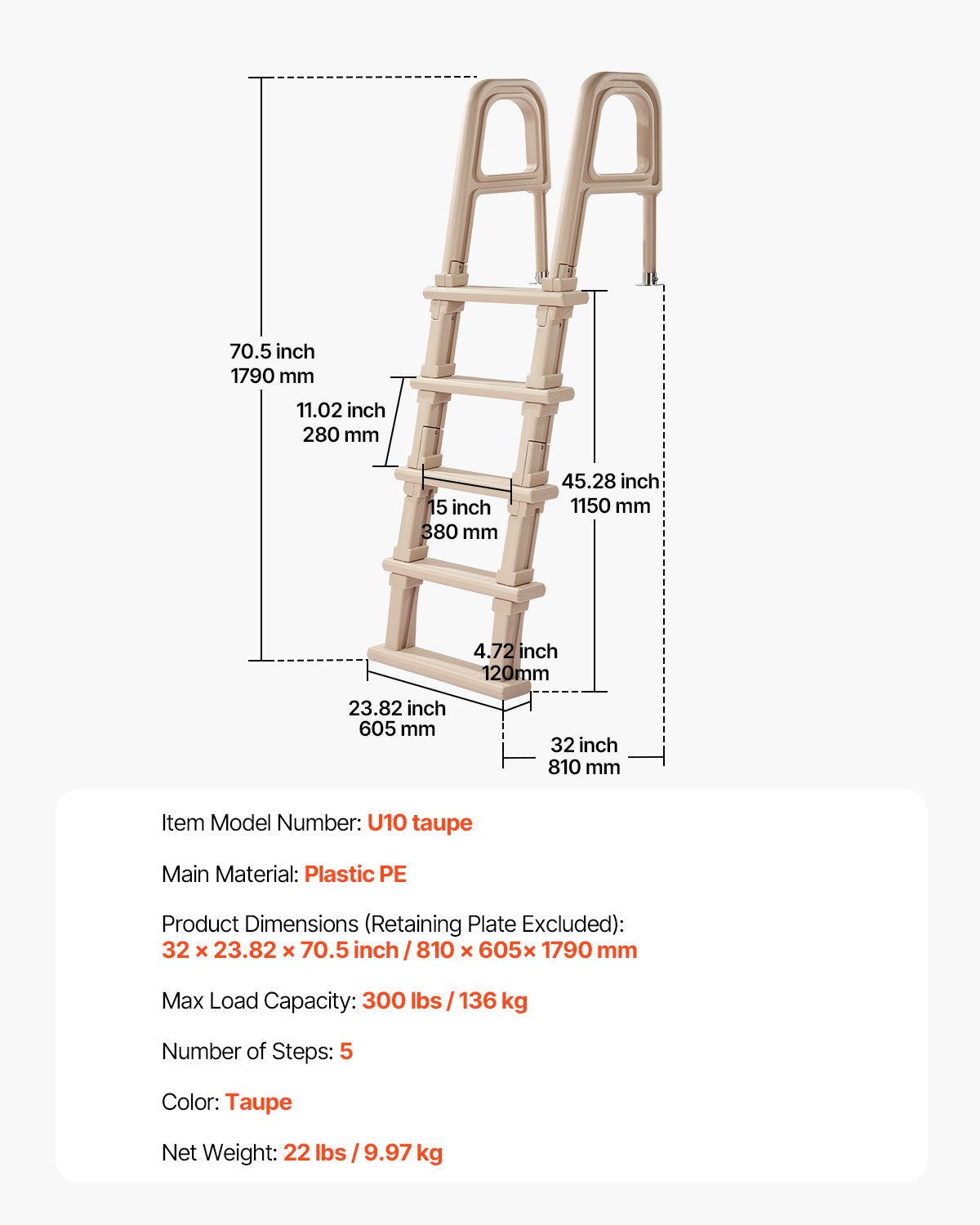 5-stegs lutande poolstege med 2 ledstänger belastar 300 lb för 48-54 i poolen