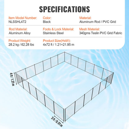 Poolzaun, 4 x 72 Fuß Poolzaun für eingebaute Pools, abnehmbarer Kindersicherheits-Poolzaun, einfach selbst zu installierender Poolzaun, 340 Gramm Teslin PVC-Poolzaunnetz schützt Kinder und Haustiere