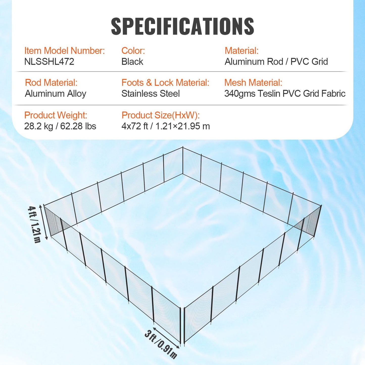 Pool Fence, 4 x 72 FT Pool Fences for Inground Pools, Removable Child Safety Pool Fencing, Easy DIY Installation Swimming Pool Fence, 340gms Teslin PVC Pool Fence Mesh Protects Kids and Pets