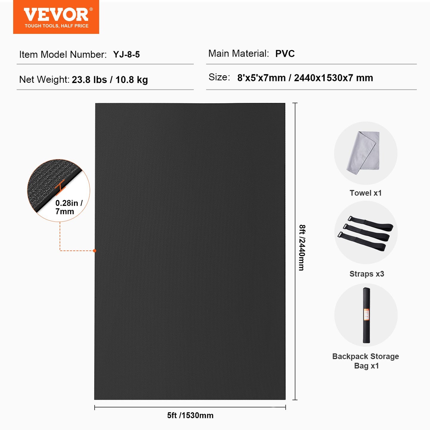 Exercise Mat, Non Slip High Density Premium Yoga Mat, Exercise Yoga Mat for Men & Women, Fitness & Exercise Mat with Bag & Carry Strap, for All Types of Home Yoga, Pilate & Floor Workout (8x5ft)
